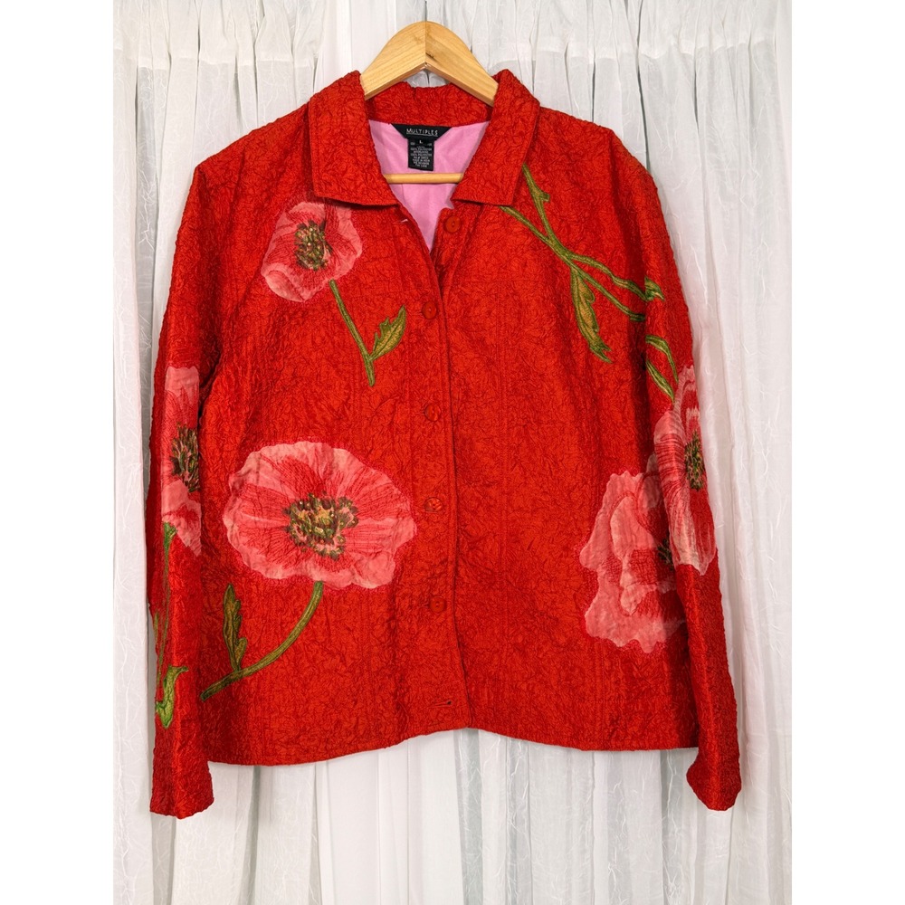 Multiples Red Crinkle Textured Open Front Jacket Pink Lining Size L 7114-033